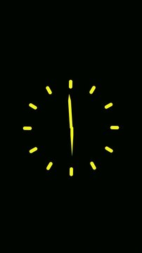 Simple yellow analog clock hands moving rapidly on a black background in a vertical format. Minimalist graphic animation of a clock face for time management and deadline concepts.