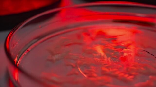 Petri dish glowing macro lab view under red light, liquid culture and swirling sample for microbiology testing, contamination screening, biomedical research, and diagnostic experiment workflow