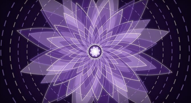 Abstract purple flower mandala design with a glowing center against black