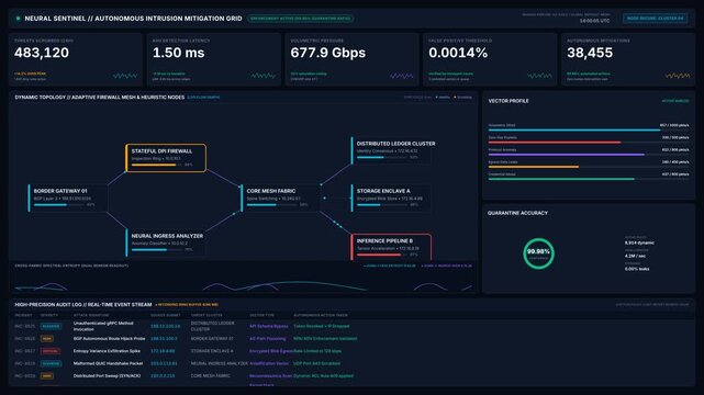 Futuristic cybersecurity dashboard with threat mitigation volumetric pressure metrics, for digital defense systems, network security monitoring, automated threat response operations