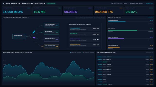 Dynamic llm inference router dashboard with real time metrics, for artificial intelligence performance, data processing efficiency, network traffic monitoring, cloud system optimization
