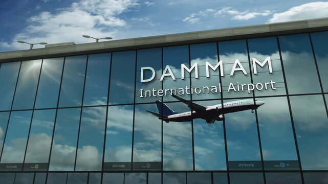 Plane landing at Dammam, Saudi Arabia. Arrival in the city with the glass airport terminal and reflection of the jet aircraft. Travel, business, tourism and transport 3D concept.