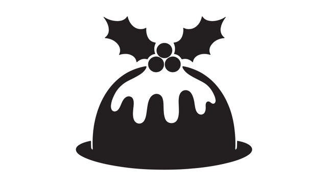 Christmas pudding topped with holly leaves and berries is illustrated as a black and white vector graphic.