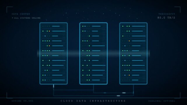 Futuristic Cloud Data Center Infrastructure Server Dashboard UI Animation