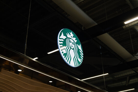 August 15, 2026, Helsinki, Finland - Starbucks logo sign inside Helsinki-Vantaa Airport
