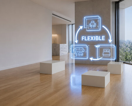 Apartment Interior Previewing Flexible Layout Hologram for Adaptive Living Space Planning and Modern Residential Design
