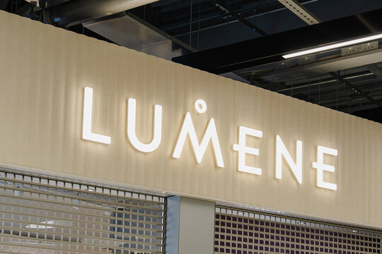 August 15, 2026, Helsinki, Finland - Lumene store sign with security shutters at Helsinki-Vantaa Airport