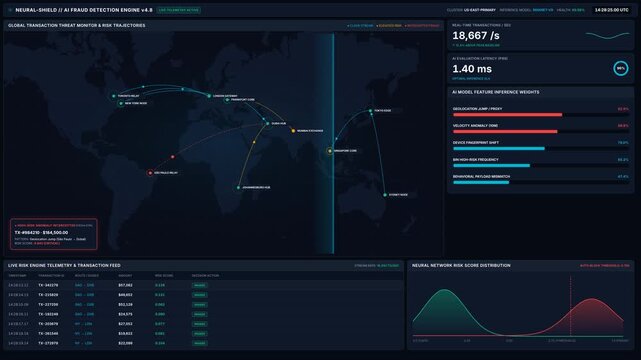 Global threat monitor with cyber attack routes real-time transaction data analysis, for artificial intelligence fraud detection, digital security, financial monitoring, network defense
