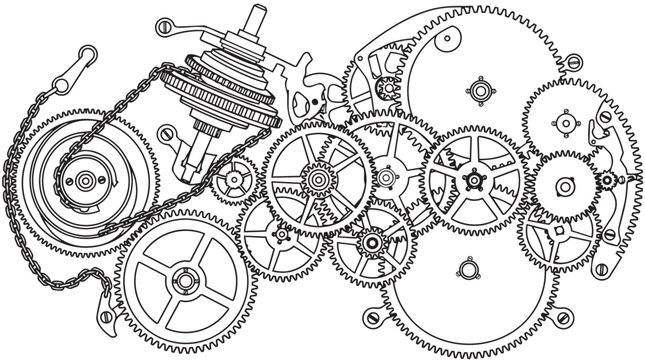 Vintage clockwork gears and mechanical parts vector, intricate steampunk machinery with cogs and chains, technical line art illustration