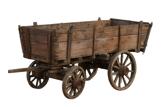 Rustic wooden wagon cart with vintage wheels on transparent background for historical or rural themes