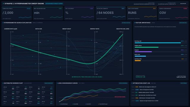 Hyperparameter search sweep interface with data visualization graphs, for machine learning optimization, artificial intelligence training, neural network tuning, software development