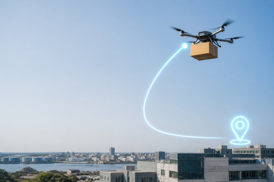 Delivery Drone Navigating Urban Airspace Hologram for Autonomous Logistics Smart City Routing and Last Mile Delivery