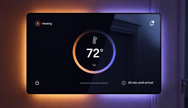 Smart thermostat wall touchscreen layout, circular temperature control, ambient color changing based on heating/cooling.  