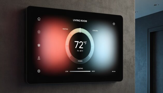 Smart thermostat wall touchscreen layout, circular temperature control, ambient color changing based on heating/cooling.  