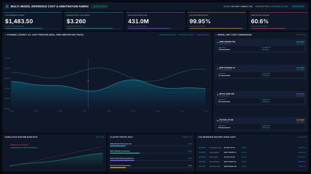 Multi model inference cost attribution fabric dashboard with live dynamic latency, routing arbitration, model cost comparisons, for artificial intelligence system analytics
