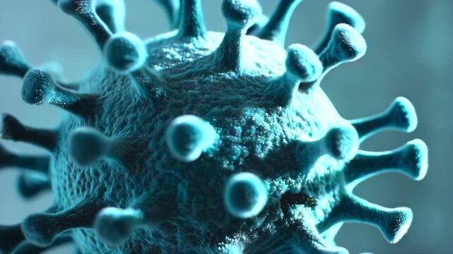 Virus particle rotating macro close-up under cold lab light, spiked surface and blue cellular detail for virology research, infection risk, vaccine study, outbreak warning, and medical education media