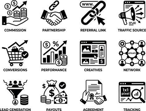 Affiliate Marketing Icon Set &ndash; Commission, Partnership, Referral Link and Conversion Tracking Vector Icons
