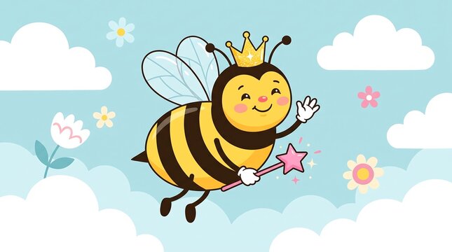 Cute honey bee princess with gold crown and magic wand, whimsical bumblebee character flying in blue sky, adorable insect fairy tale illustration