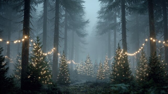 misty pine forest with Christmas lights,