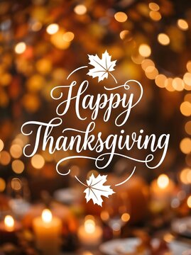 Warm and inviting happy thanksgiving calligraphy with blurred autumn lights and falling leaves