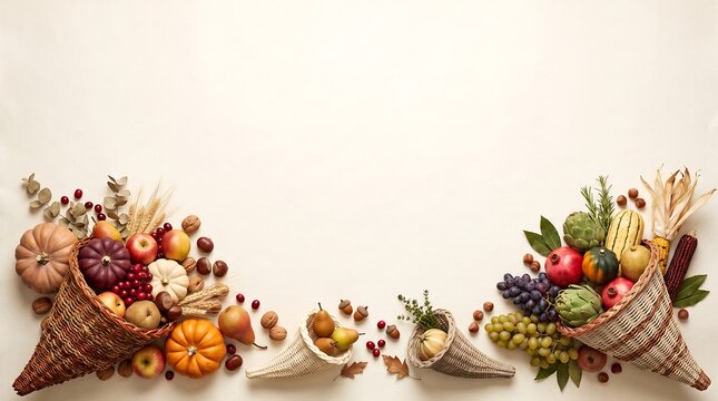 Festive cornucopias overflowing with autumn harvest fruits, vegetables, and nuts