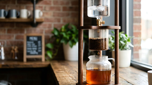 A glass coffee maker sits on a wooden counter in a cozy kitchen with a brick wall and potted plants.