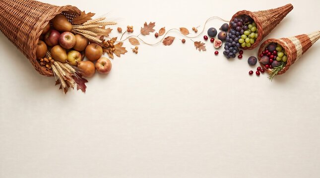 Abundant cornucopias overflowing with autumn fruits and grains on light surface