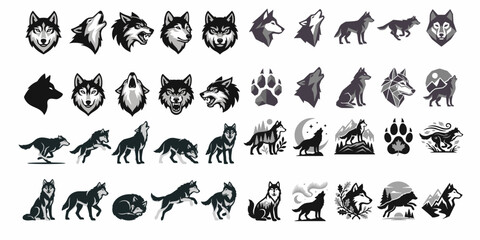 Fototapeta premium Black Wolf Vector Icon Set – Monochrome Wild Animal Silhouette Collection