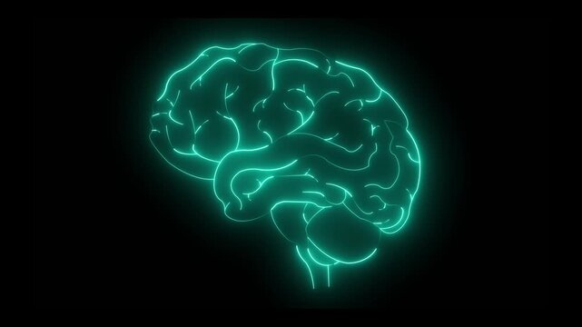 Glowing Neon Brain Organ Icon, Futuristic Digital Design Symbol of Intelligence and Mind brain medicine memory. Medical futuristic technology of the neon lines drawing a man brain on black background.
