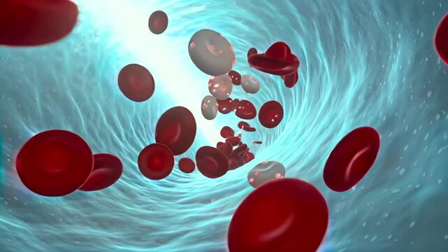 Blood cells flowing ultra macro view with pathogen detection overlays, red plasma tunnel and diagnostic graphics for infection screening, medical AI, immune monitoring, and healthcare analytics