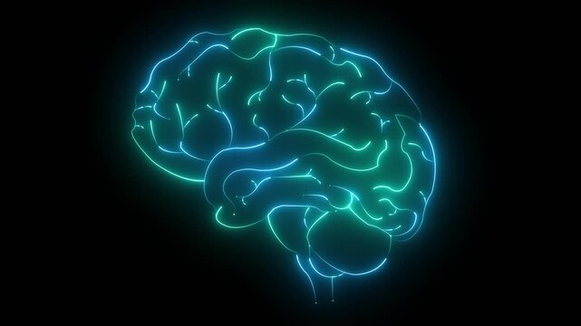 Glowing Neon Brain Organ Icon, Futuristic Digital Design Symbol of Intelligence and Mind brain medicine memory. Medical futuristic technology of the neon lines drawing a man brain on black background.