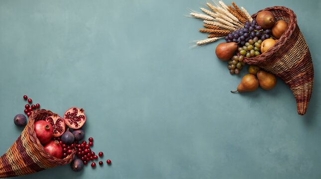 Two cornucopias overflowing with autumn fruits and grains on textured background