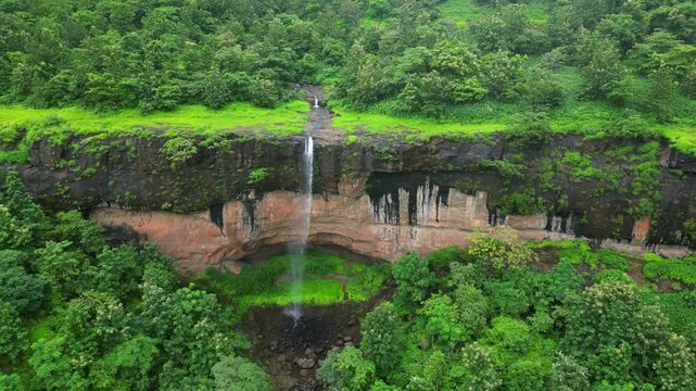 Aerial Pull Back View of Scenic Waterfall Near Gagangiri Khopoli Maharashtra