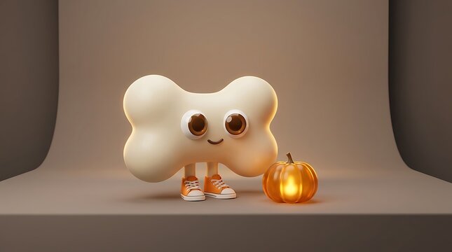 A cute cartoon bone character wearing sneakers standing next to a small glowing orange pumpkin