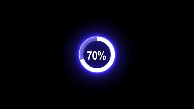 Complete 70 percent loading represented by a bright blue neon circular progress bar on black percentage