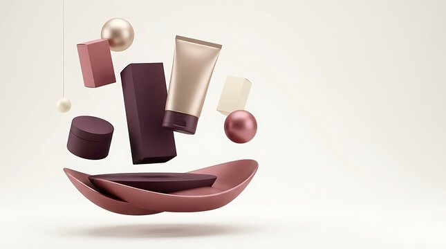 Elegant assortment of skincare and makeup products arranged artistically on pink surface.