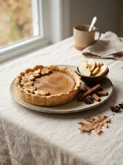 Fototapeta premium Homemade pumpkin pie decorated with pastry leaves served on a rustic plate with cinnamon and apple slices
