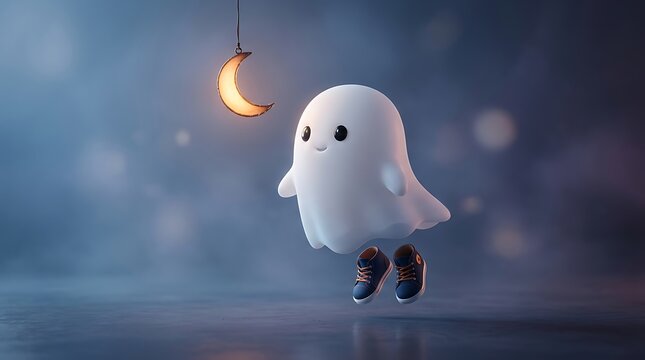 A cute little ghost character floating in the night sky near a glowing crescent moon