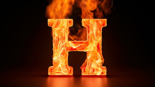 A blazing letter H engulfed in bright orange and yellow fire, isolated against a dark background for dramatic design and visual impact