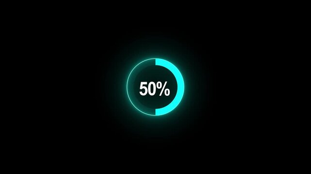 Complete 50 percent loading represented by a bright blue neon circular progress bar on black percentage