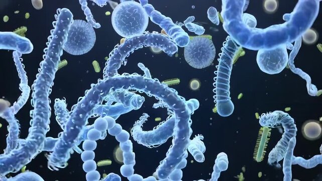 Bacteria interacting wide microscopic view with mixed shapes, rods and spheres moving through fluid for microbiology education, contamination testing, pathogen study, and clinical laboratory research