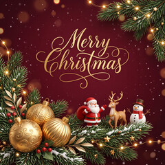 Naklejka premium Merry christmas square flyer poster template with 3d santa reindeer snowman characters standing on pine branch decorated with golden ornaments winter holiday seasonal greeting card design background