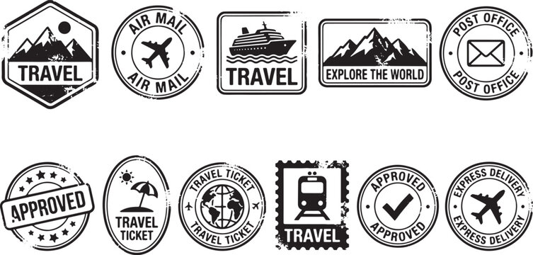 Grunge style travel and post office rubber stamps with various on white background