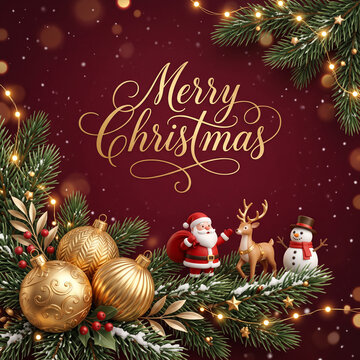 Merry christmas square flyer poster template with 3d santa reindeer snowman characters standing on pine branch decorated with golden ornaments winter holiday seasonal greeting card design background
