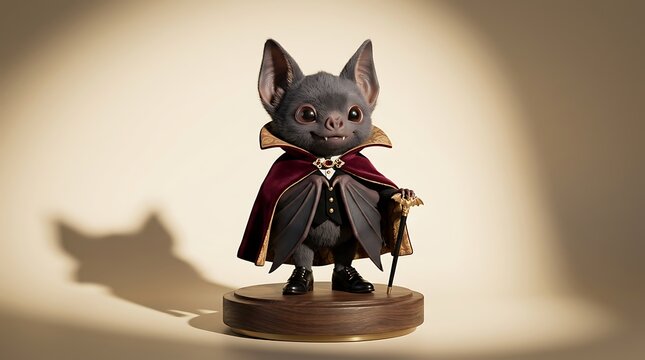 A cute small bat figurine dressed as a fancy vampire standing on a wooden base