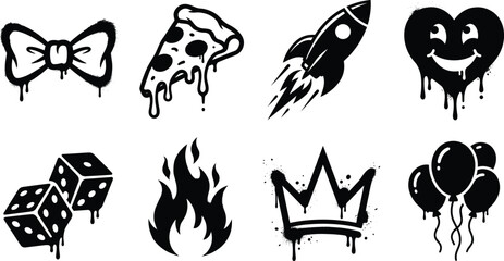 Fototapeta premium Graffiti spray paint pop art elements vector set featuring dripping heart rocket pizza and crown icons