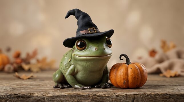 A cute green frog wearing a black witch hat sitting next to a small pumpkin
