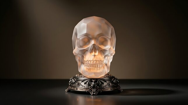 A transparent glass skull sculpture resting on an ornate dark metal base in dim light