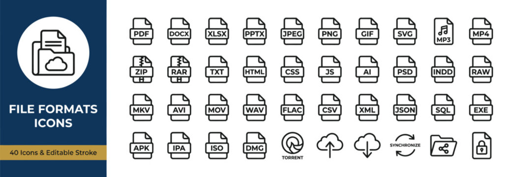 File format icons display a collection of digital document types including PDF and ZIP files in a clean outline style for technical web development and software interface design projects.