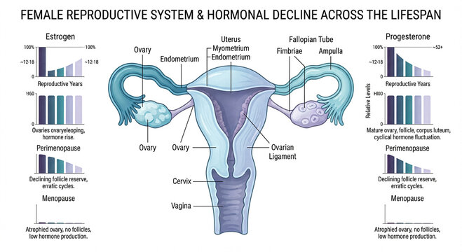 Declining Estrogen Progesterone Ovaries Medical Illustration